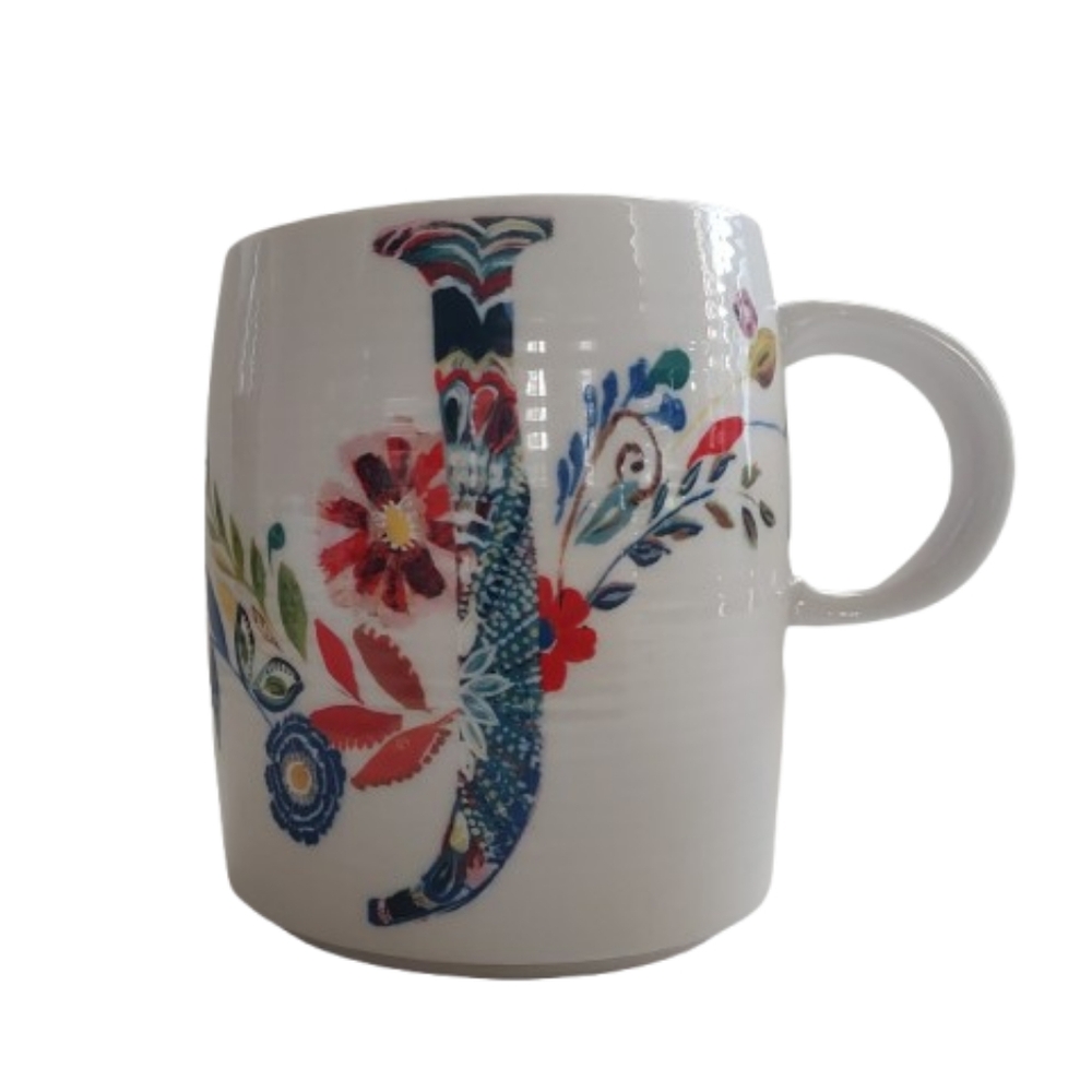 Anthropologie Starla M. Halfman "J" J Letter Initial Mug Floral Bouquet